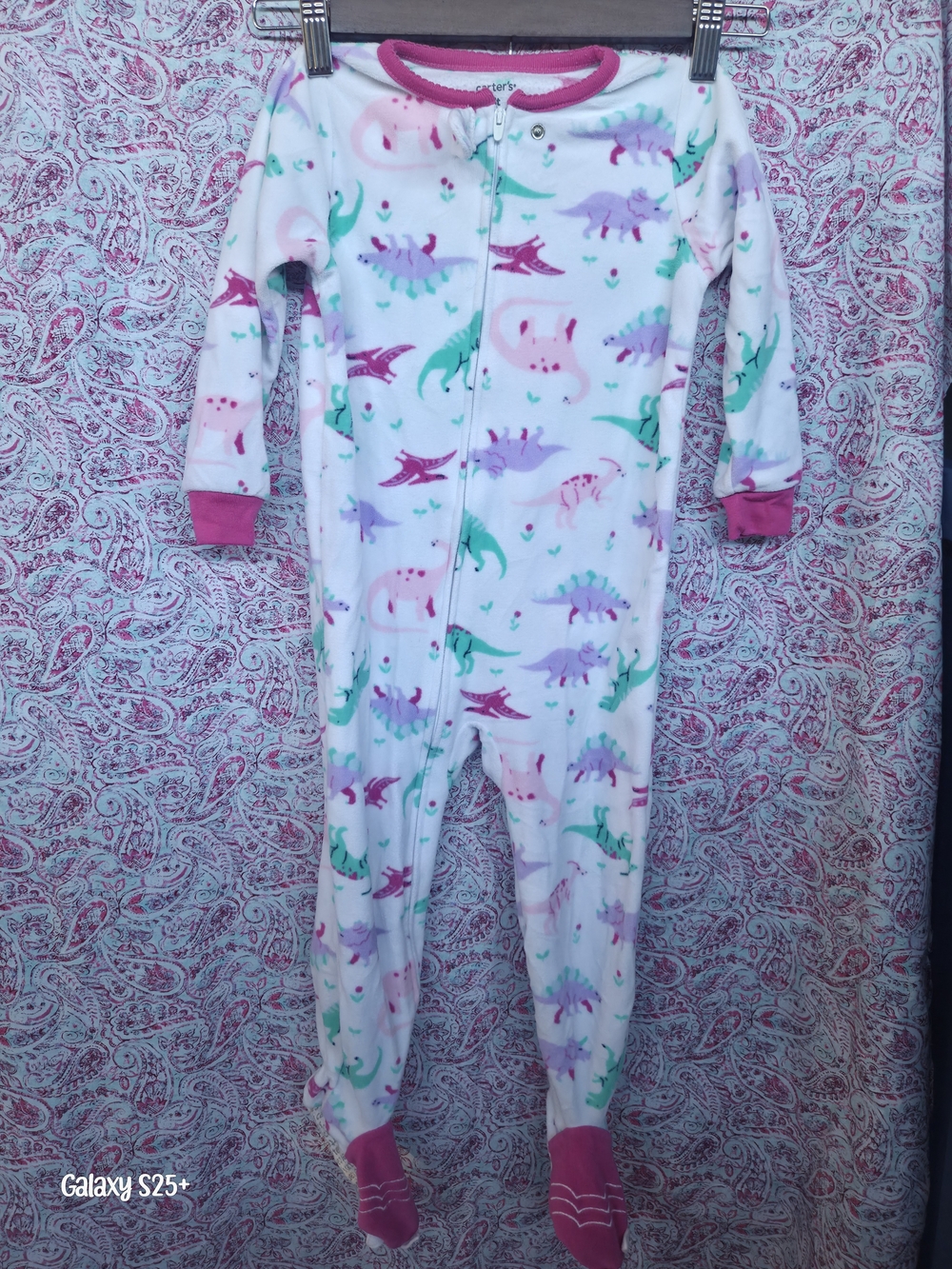 Carter's White Footed One-Piece with Pink Trim and Pastel Dinosaurs